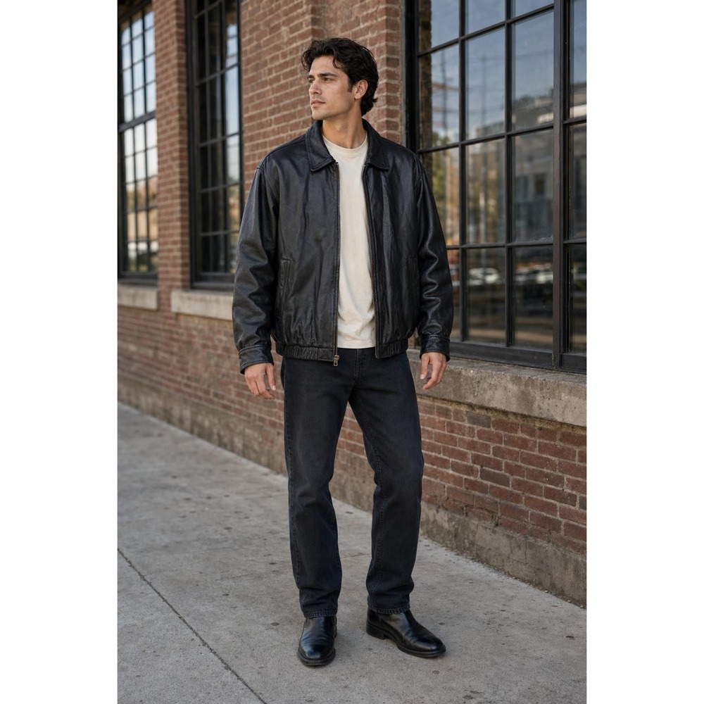 St John's Bay Leather Bomber Jacket Men's XL Black 90s Y2K Moto Biker Quilted